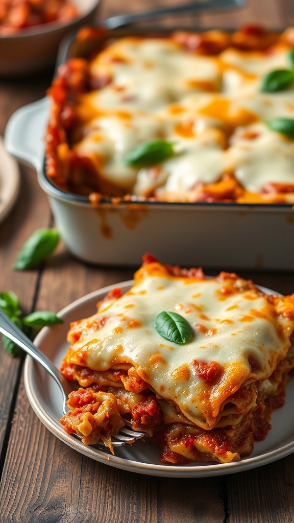 Cheesy lasagna hotdish casserole with layers of meat sauce and cheese, garnished with basil, served on a rustic table.